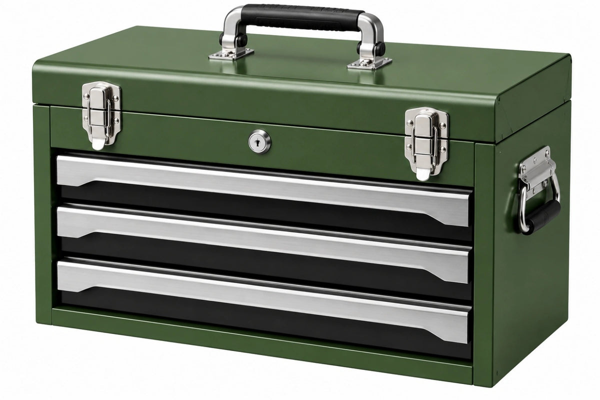 Cassetta portautensili 52 x 28 x 36 cm in acciaio verde con 3 cassetti portatile