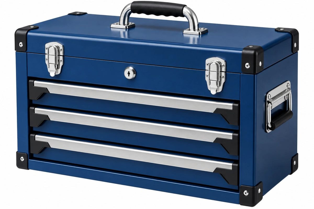 Cassetta portautensili 60 x 30 x 35 cm in acciaio blu con 4 cassetti e serratura