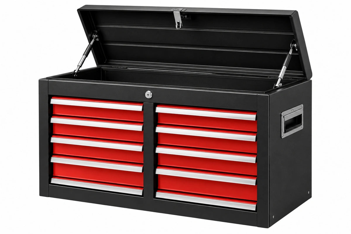 Cassettiera portautensili 112 x 46 x 102 cm in acciaio nero e rosso con 10 cassetti e vano superiore