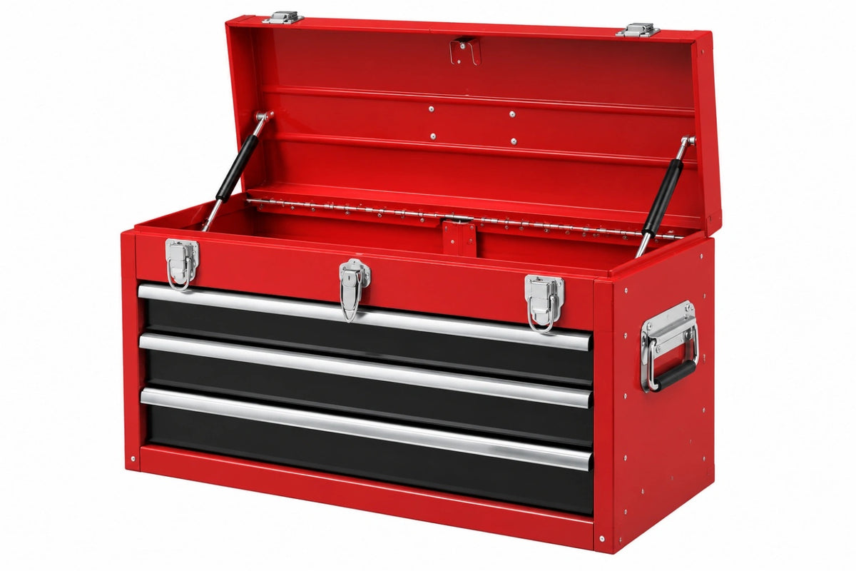 Cassetta portautensili 66 x 31 x 40 cm in acciaio rosso con 3 cassetti e vano superiore