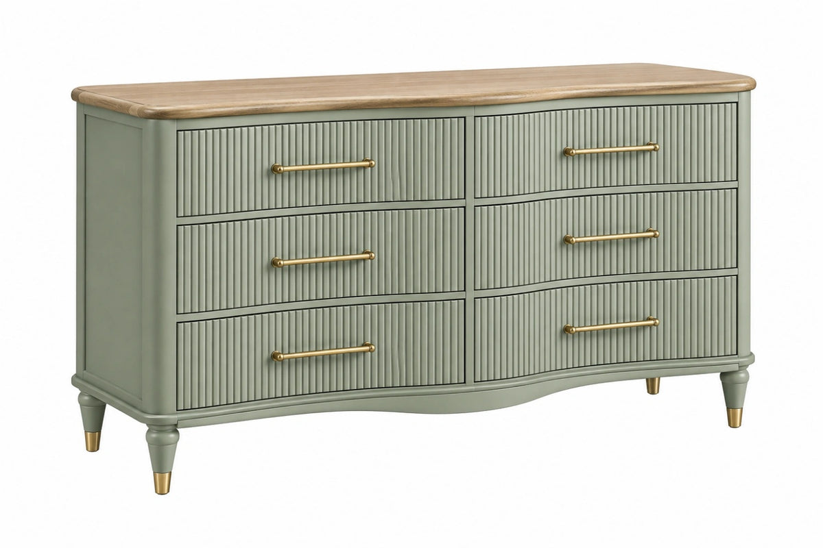 Cassettiera 150 x 45 x 85 cm in legno verde salvia con 6 cassetti stile classico