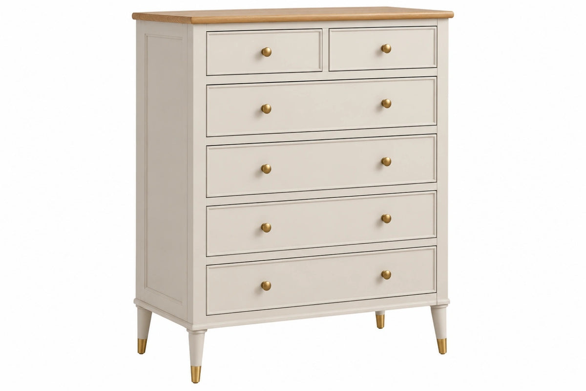 Cassettiera 100 x 45 x 130 cm in legno bianco e naturale con 6 cassetti stile classico