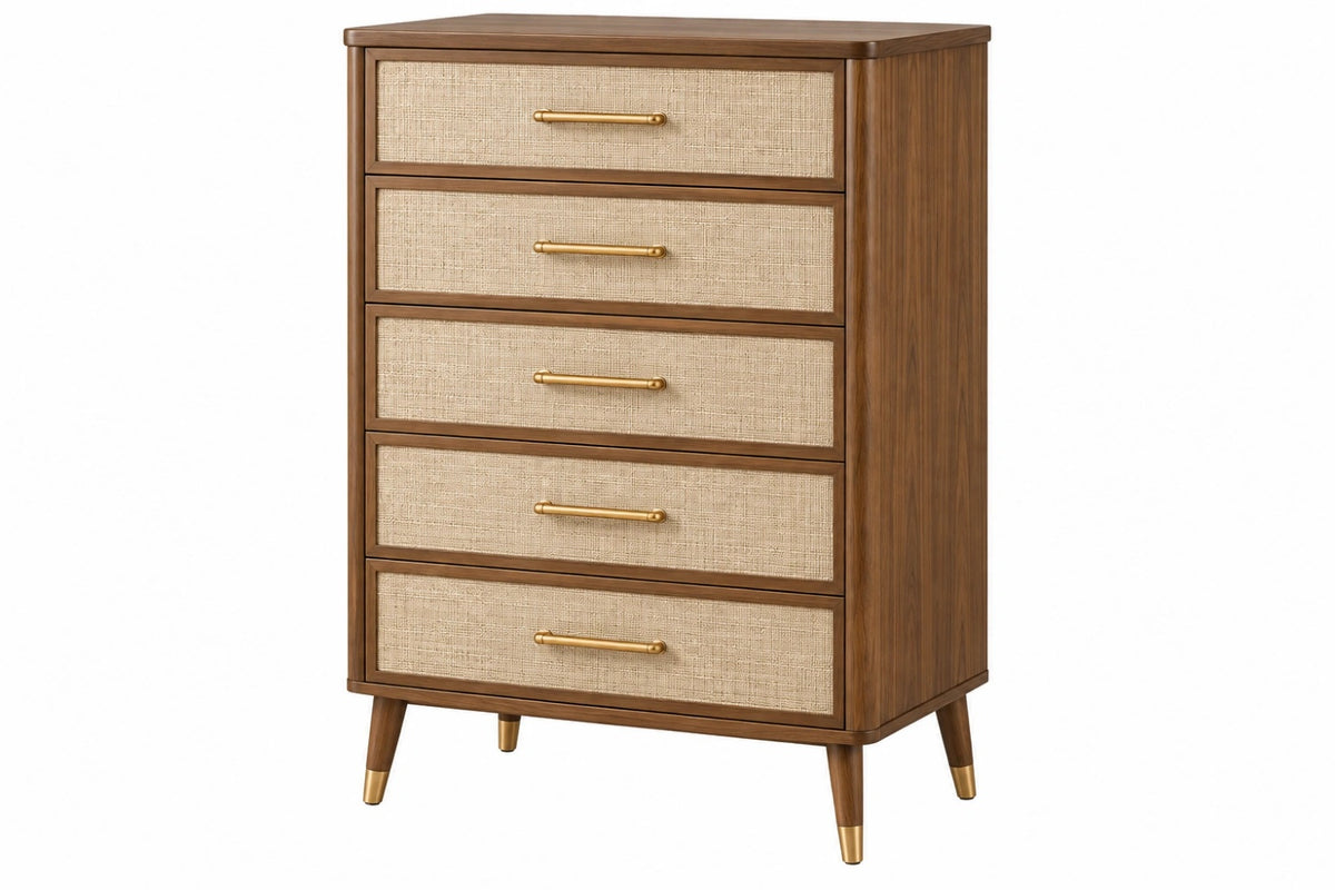 Cassettiera 75 x 40 x 120 cm in legno marrone con frontali intrecciati - 5 cassetti stile retrò