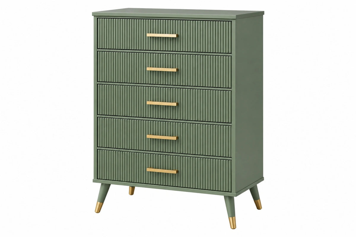 Cassettiera 80 x 40 x 110 cm in legno verde salvia con 5 cassetti stile moderno