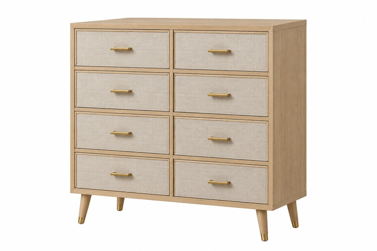 Cassettiera 120 x 45 x 100 cm in legno effetto rovere beige con 8 cassetti in tessuto stile moderno