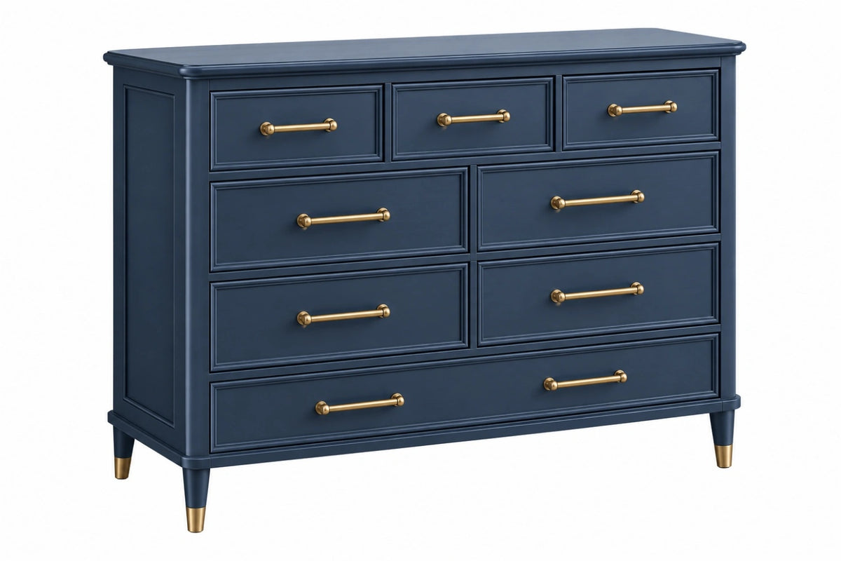 Cassettiera 150 x 45 x 95 cm in legno blu navy con 8 cassetti stile classico